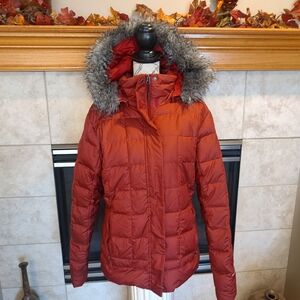 Women's Red Puffer Jacket with Faux Fur Hood